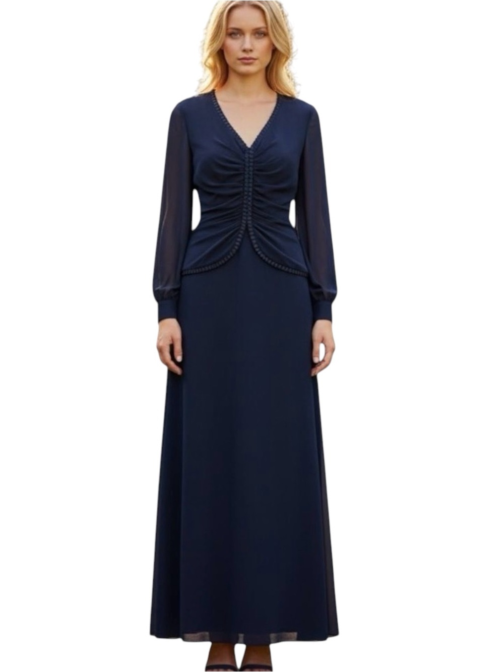 Vintage Patra Navy Long Sleeves Maxi Dress Size 12 Mother Of The Bride/ Groom